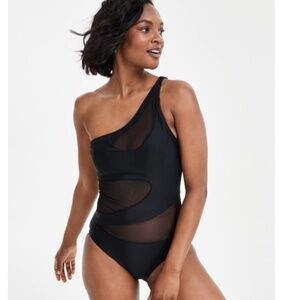 Bar Iii Women S One-Shoulder Mesh Cutout Swimsuit- Black